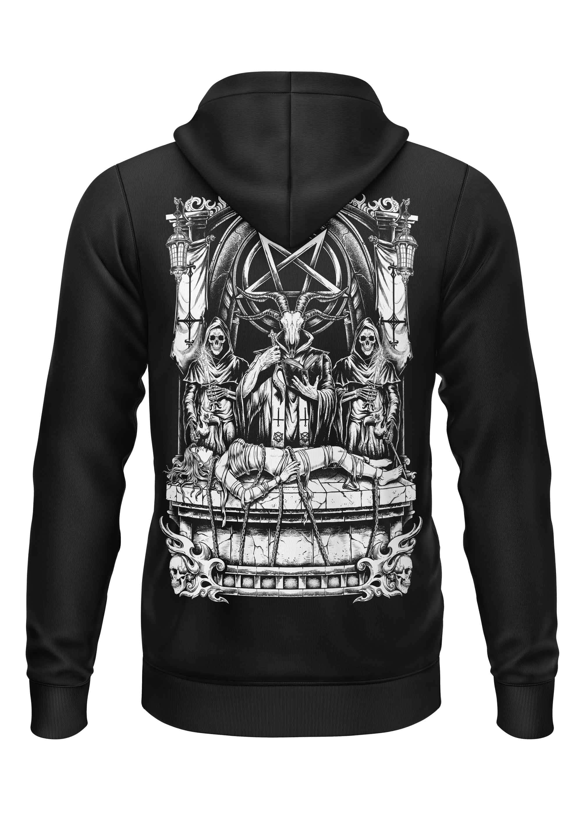 Schwarzer zip-up hoodie mit gothic horror backprint einer ziegenkopffigur auf thron mit skeletten und schädeln